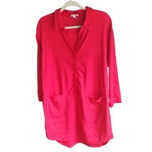 Red Linen Blend Tunic Dress Collared Button Down Pockets Casual Everyday